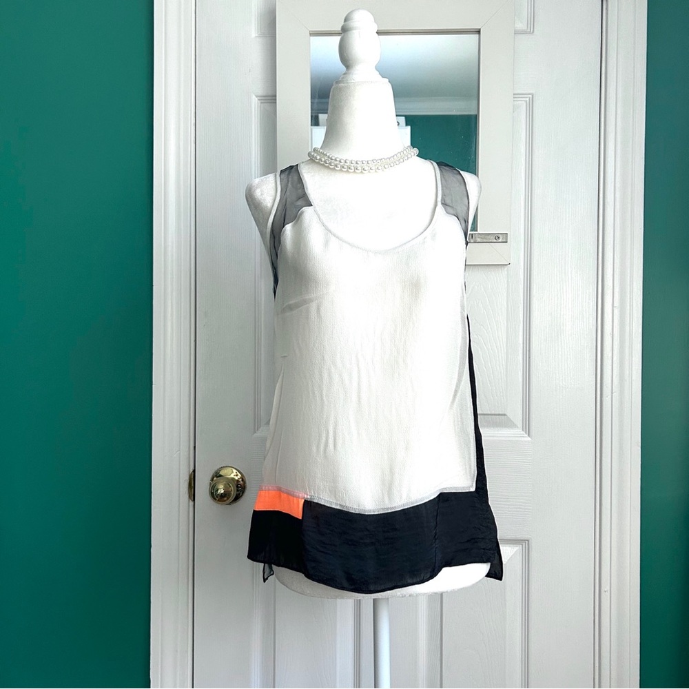 Helmut Lang Sheer White Tank Top with Black and Neon Orange Accent